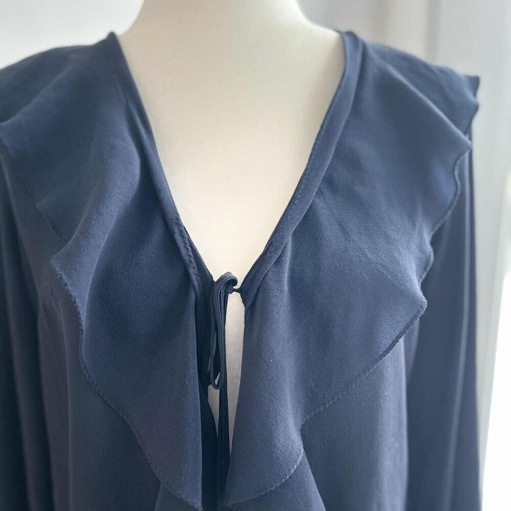 NWOT Shan Ink-Blue Silk Semi-Sheer Ruffle-Blouse w/ Cascading Front & Tie – US 6